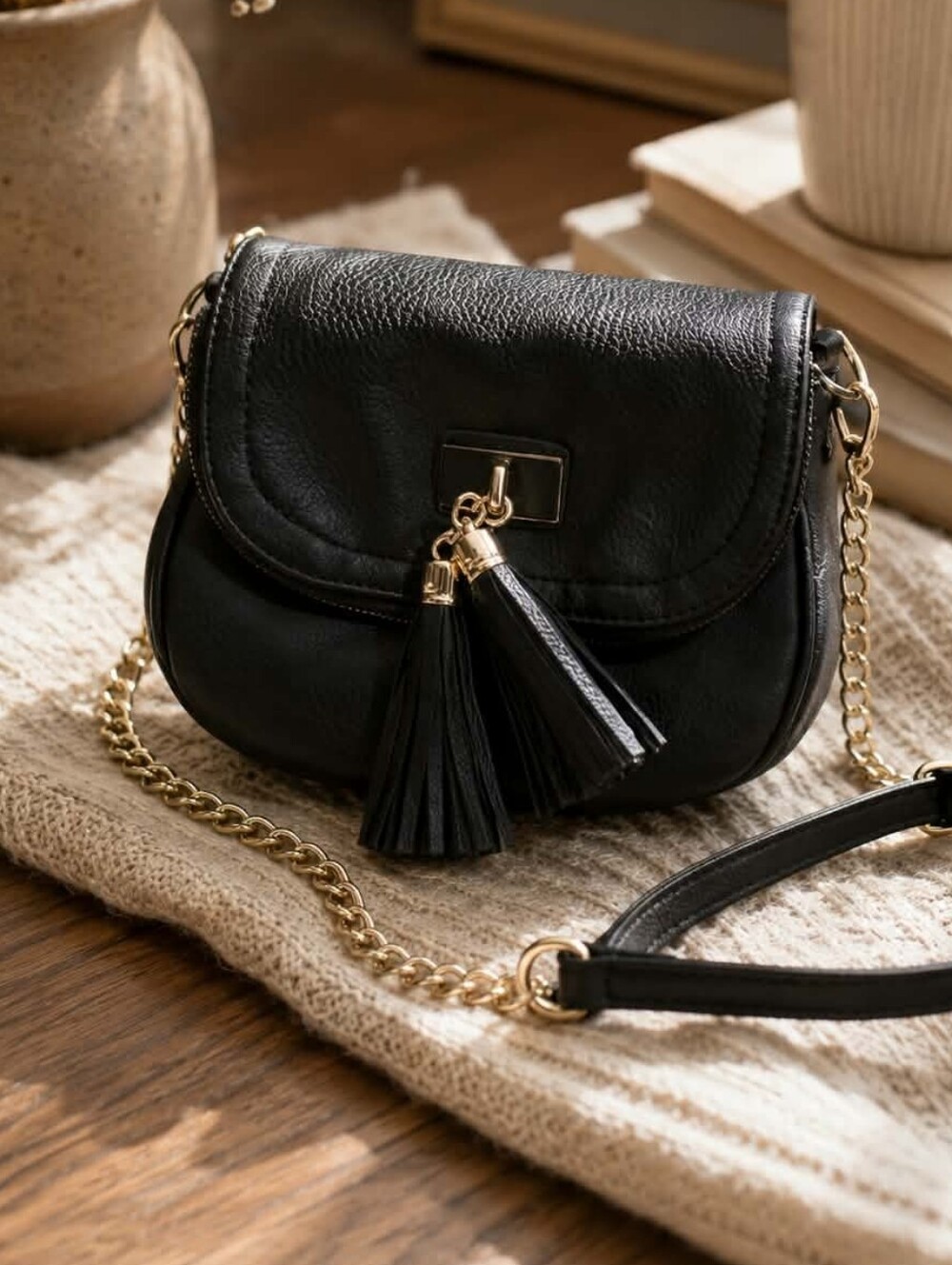 Yoki Black Crossbody Bag with Gold Chain and Tassel